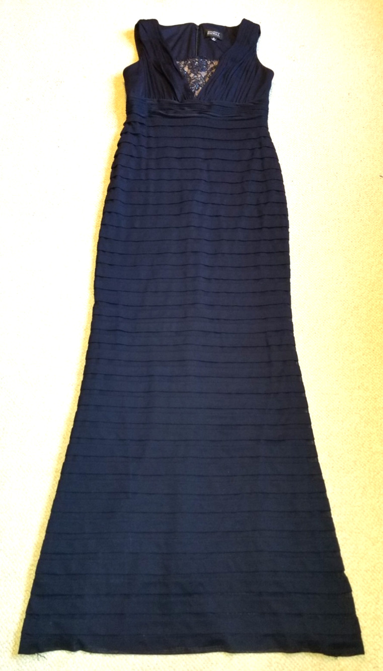 Womens Dress-ADRIANNA PAPELL-navy blue pleated maxi Gown floral lace insert-4P